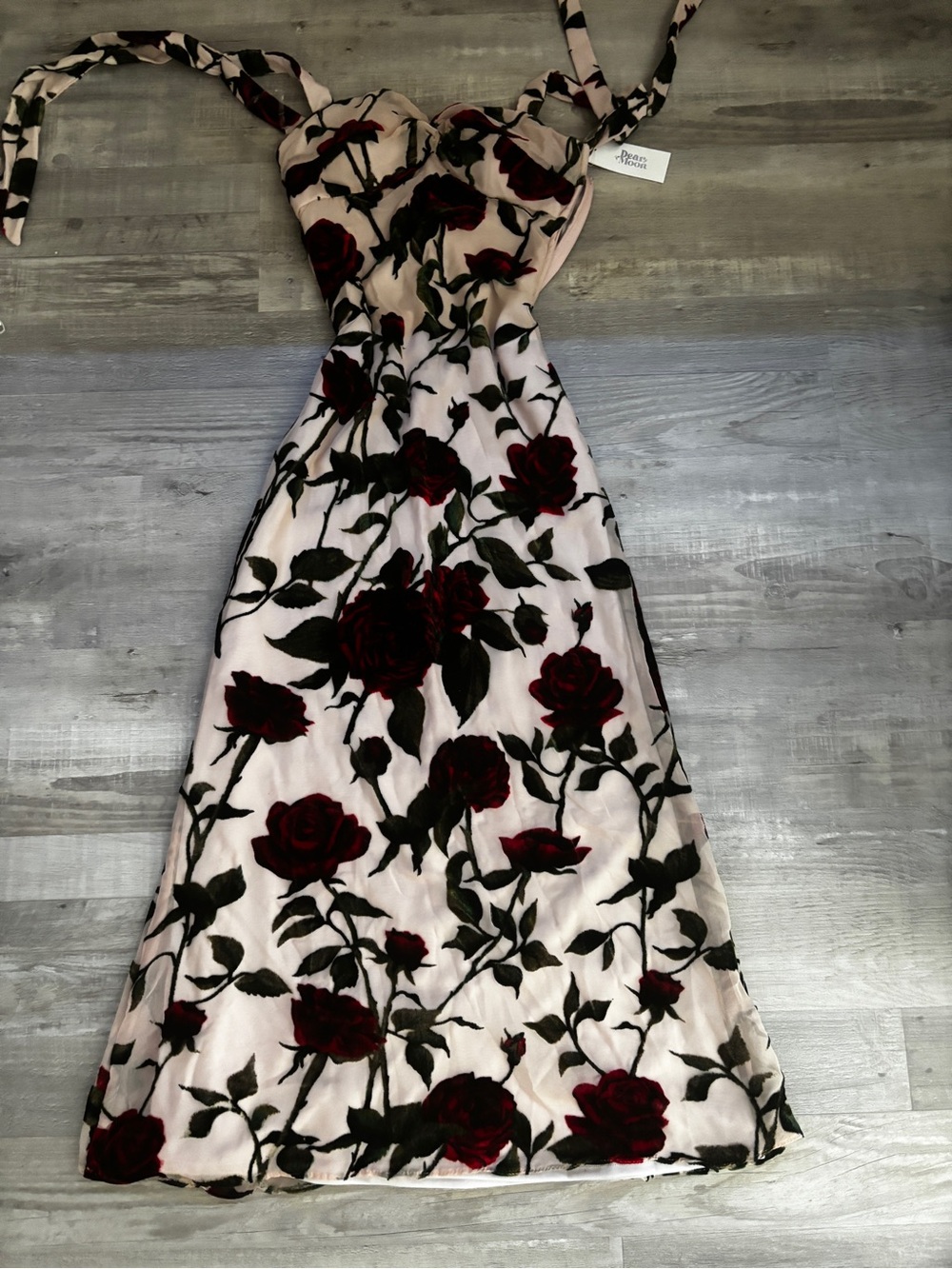 Peony and Moss Blush Maxi Dress with Deep Red Rose Appliqué